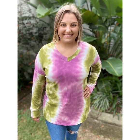 Tie Dye Drop Shoulder Long Sleeve V-Neck Split Side Multi 4520 - Picture 7 of 7